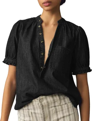 Locachy Women's Half Button Mock Neck Denim Shirt Casual Puff Short Sleeve Denim Blouse Top