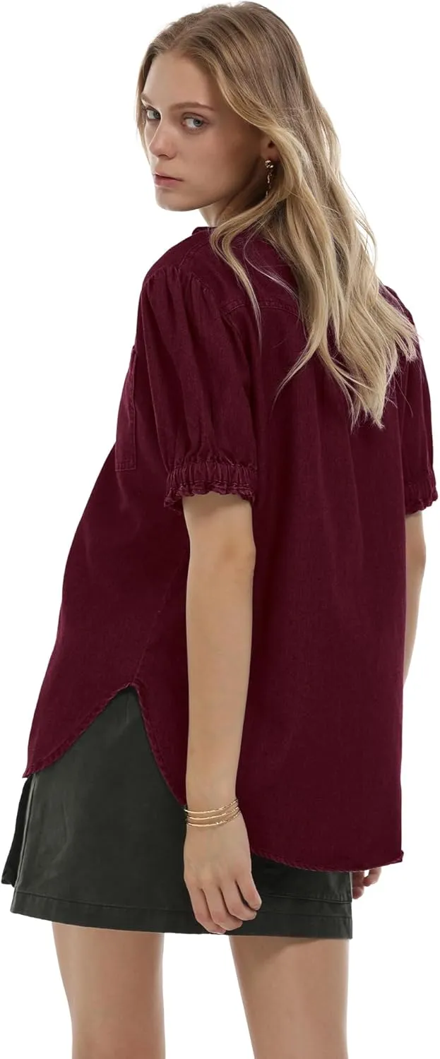 Locachy Women's Half Button Mock Neck Denim Shirt Casual Puff Short Sleeve Denim Blouse Top