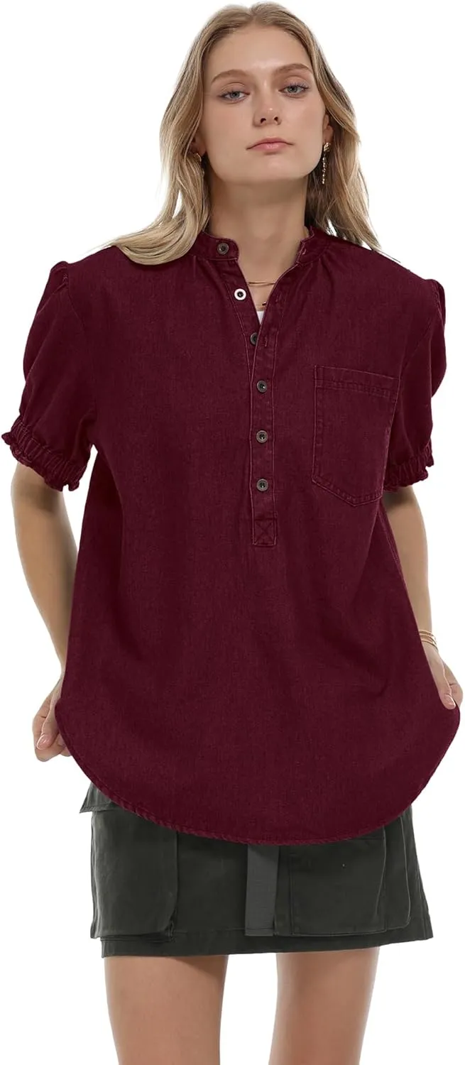 Locachy Women's Half Button Mock Neck Denim Shirt Casual Puff Short Sleeve Denim Blouse Top