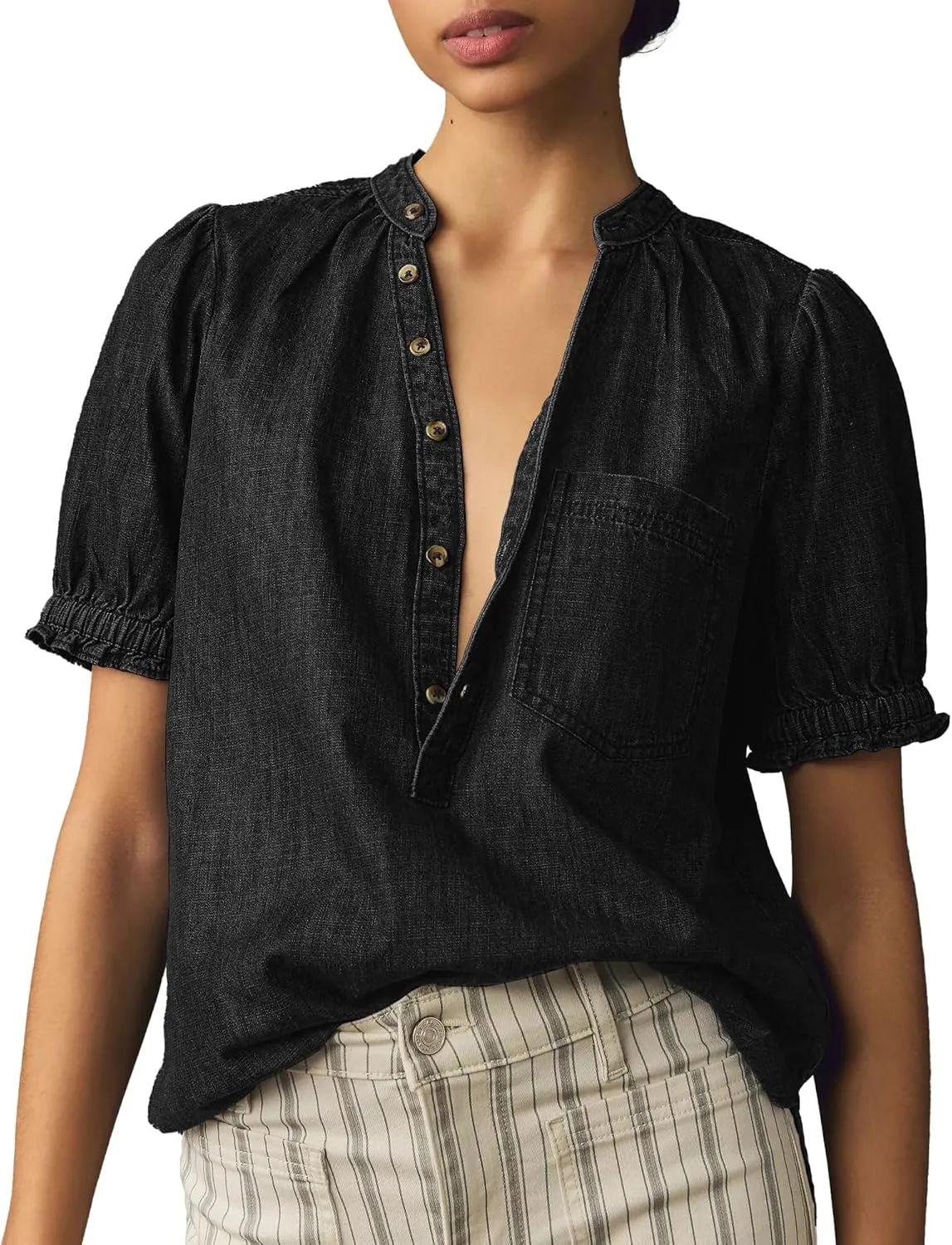 Locachy Women's Half Button Mock Neck Denim Shirt Casual Puff Short Sleeve Denim Blouse Top