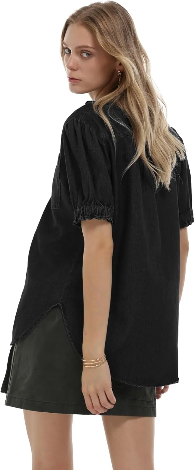 Locachy Women's Half Button Mock Neck Denim Shirt Casual Puff Short Sleeve Denim Blouse Top