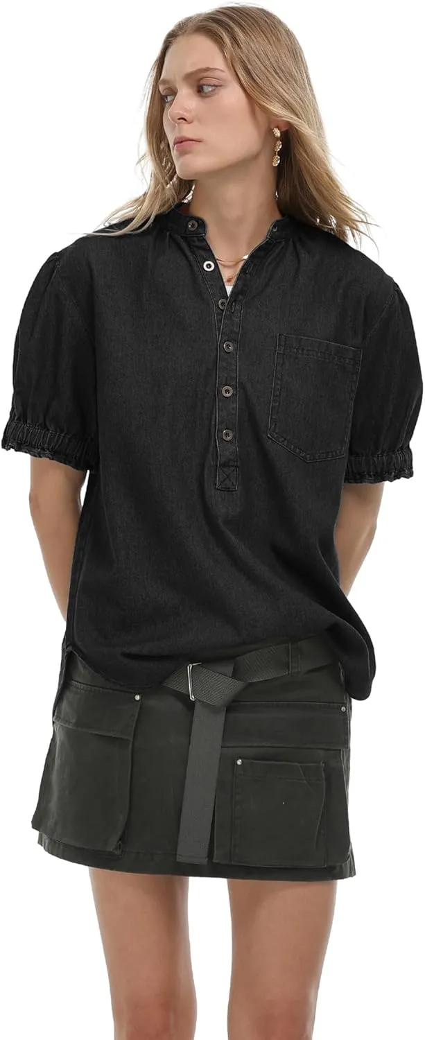 Locachy Women's Half Button Mock Neck Denim Shirt Casual Puff Short Sleeve Denim Blouse Top