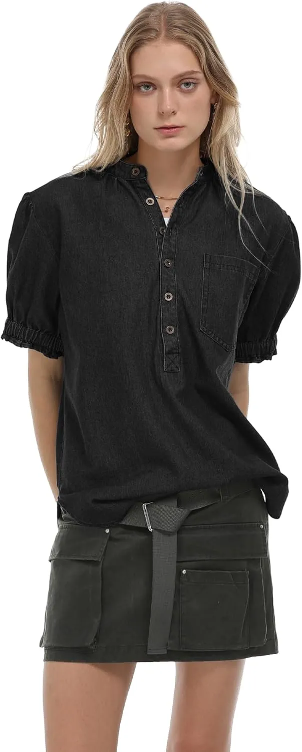Locachy Women's Half Button Mock Neck Denim Shirt Casual Puff Short Sleeve Denim Blouse Top