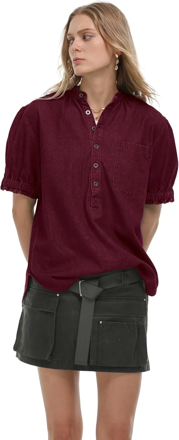 Locachy Women's Half Button Mock Neck Denim Shirt Casual Puff Short Sleeve Denim Blouse Top
