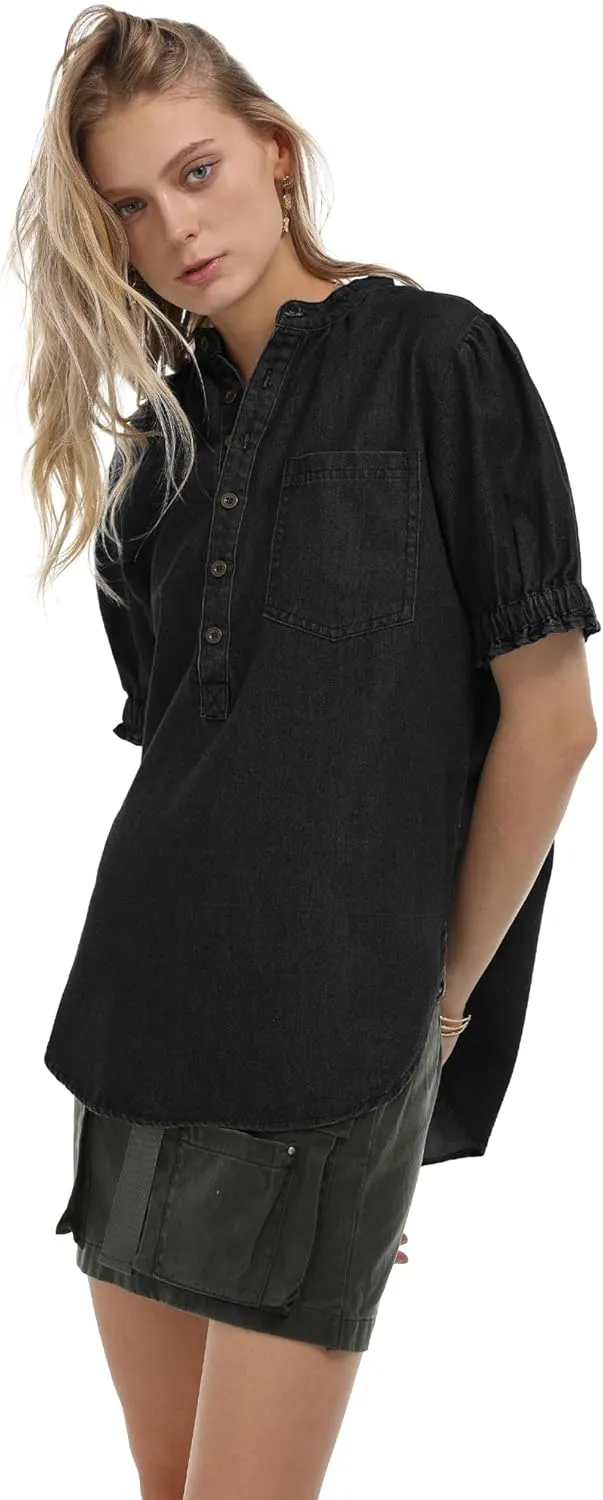 Locachy Women's Half Button Mock Neck Denim Shirt Casual Puff Short Sleeve Denim Blouse Top