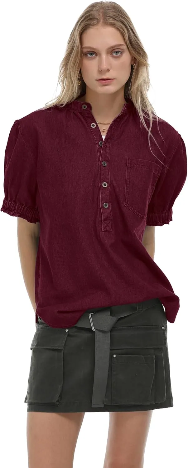 Locachy Women's Half Button Mock Neck Denim Shirt Casual Puff Short Sleeve Denim Blouse Top