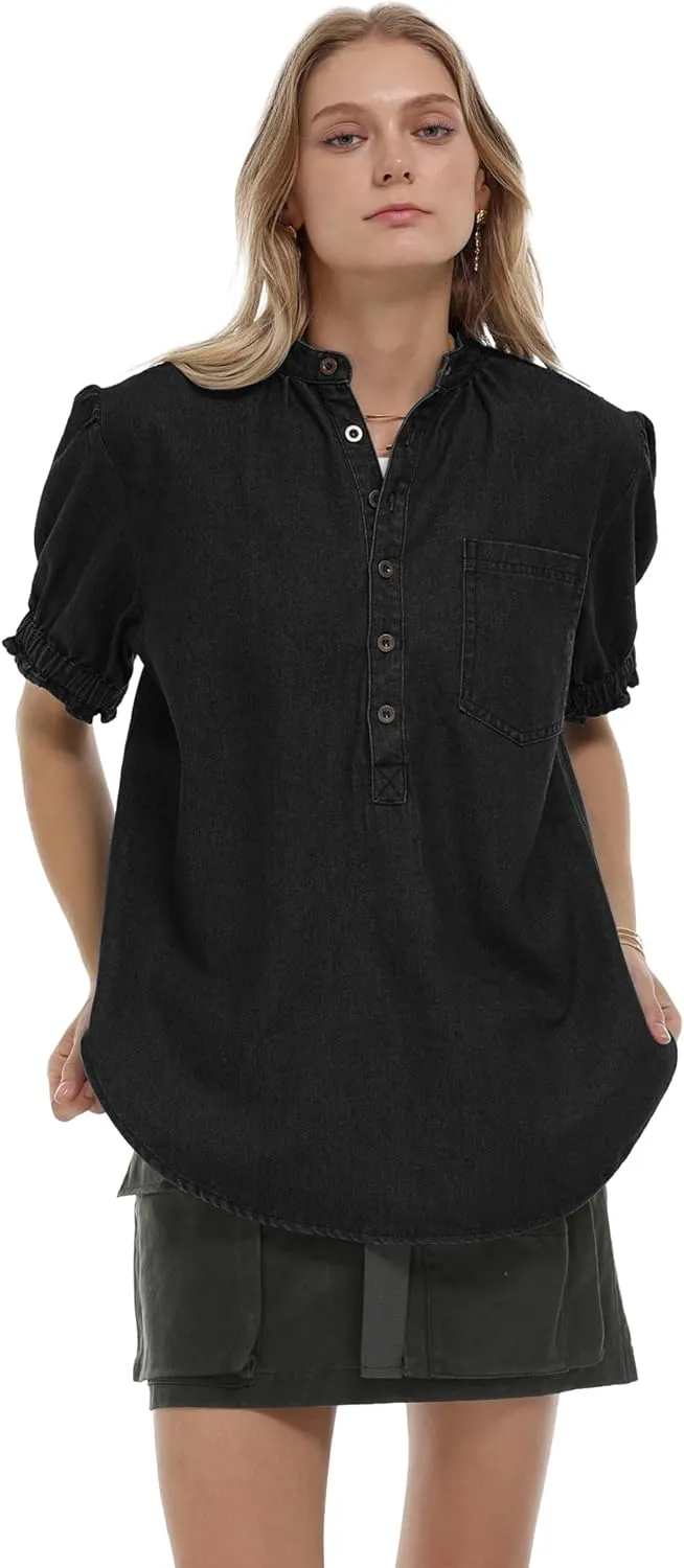 Locachy Women's Half Button Mock Neck Denim Shirt Casual Puff Short Sleeve Denim Blouse Top