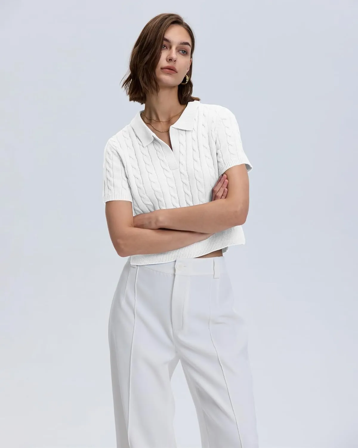 Locachy Womens Short Sleeve Cable Knit Crop Sweater Tops Casual Polo V Neck Pullover Sweater Shirt 2024