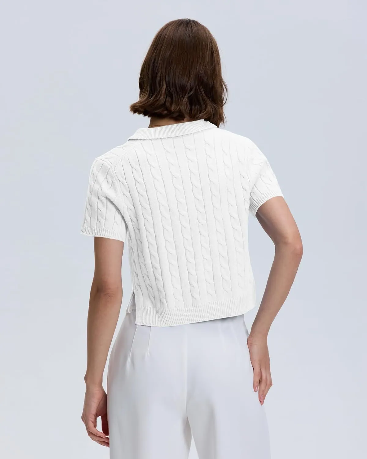 Locachy Womens Short Sleeve Cable Knit Crop Sweater Tops Casual Polo V Neck Pullover Sweater Shirt 2024