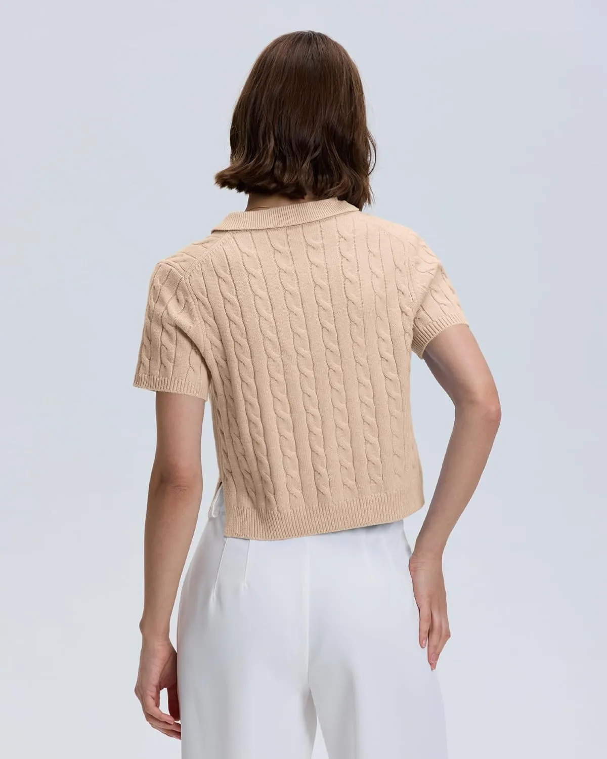 Locachy Womens Short Sleeve Cable Knit Crop Sweater Tops Casual Polo V Neck Pullover Sweater Shirt 2024