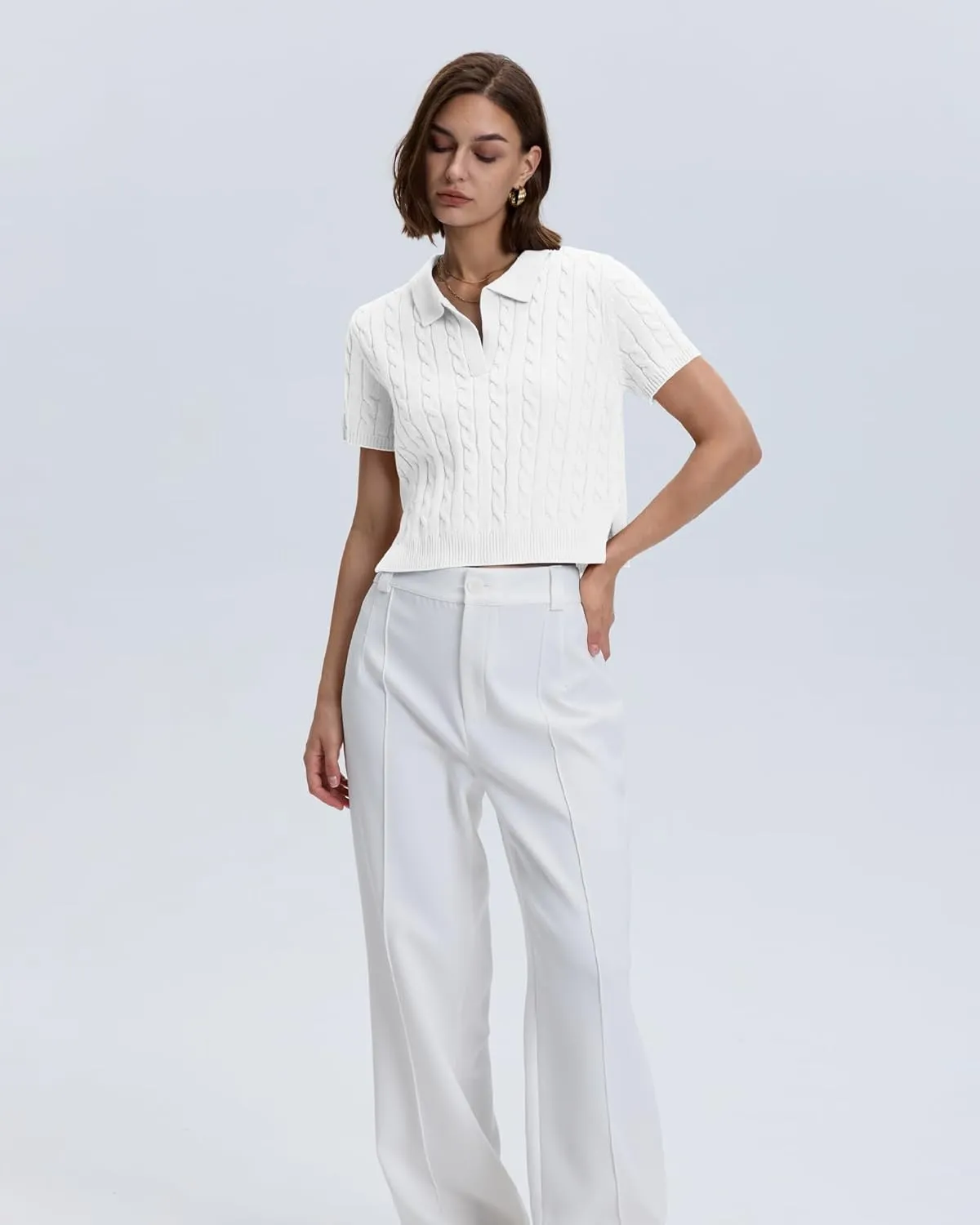 Locachy Womens Short Sleeve Cable Knit Crop Sweater Tops Casual Polo V Neck Pullover Sweater Shirt 2024