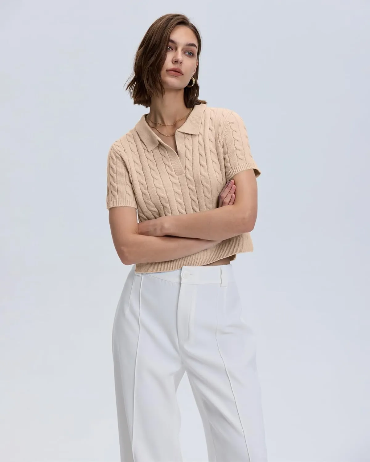 Locachy Womens Short Sleeve Cable Knit Crop Sweater Tops Casual Polo V Neck Pullover Sweater Shirt 2024