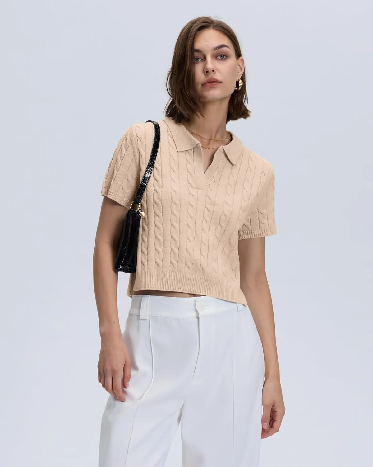Locachy Womens Short Sleeve Cable Knit Crop Sweater Tops Casual Polo V Neck Pullover Sweater Shirt 2024