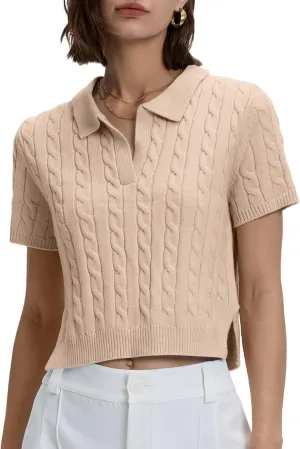 Locachy Womens Short Sleeve Cable Knit Crop Sweater Tops Casual Polo V Neck Pullover Sweater Shirt 2024