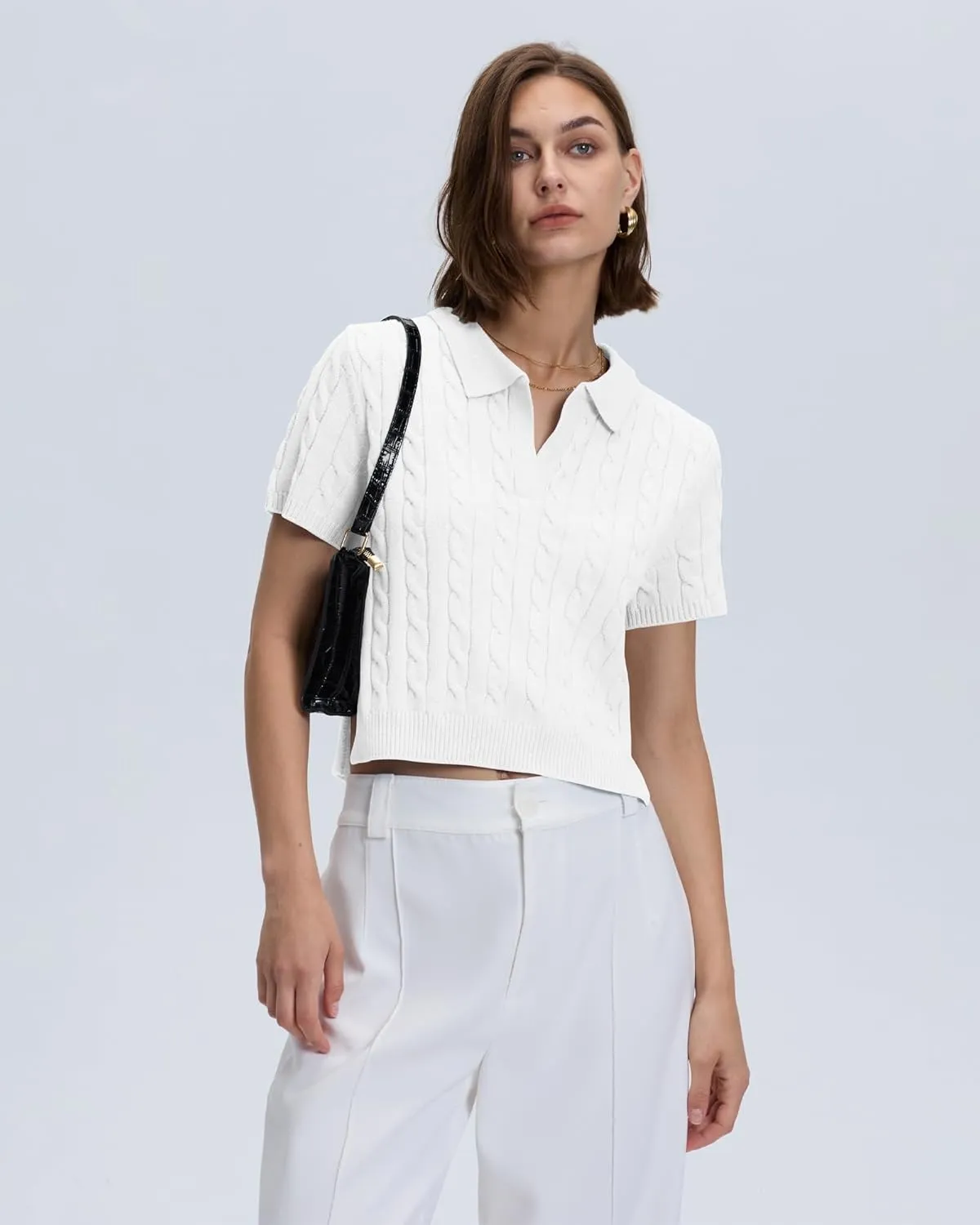 Locachy Womens Short Sleeve Cable Knit Crop Sweater Tops Casual Polo V Neck Pullover Sweater Shirt 2024