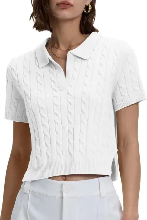Locachy Womens Short Sleeve Cable Knit Crop Sweater Tops Casual Polo V Neck Pullover Sweater Shirt 2024
