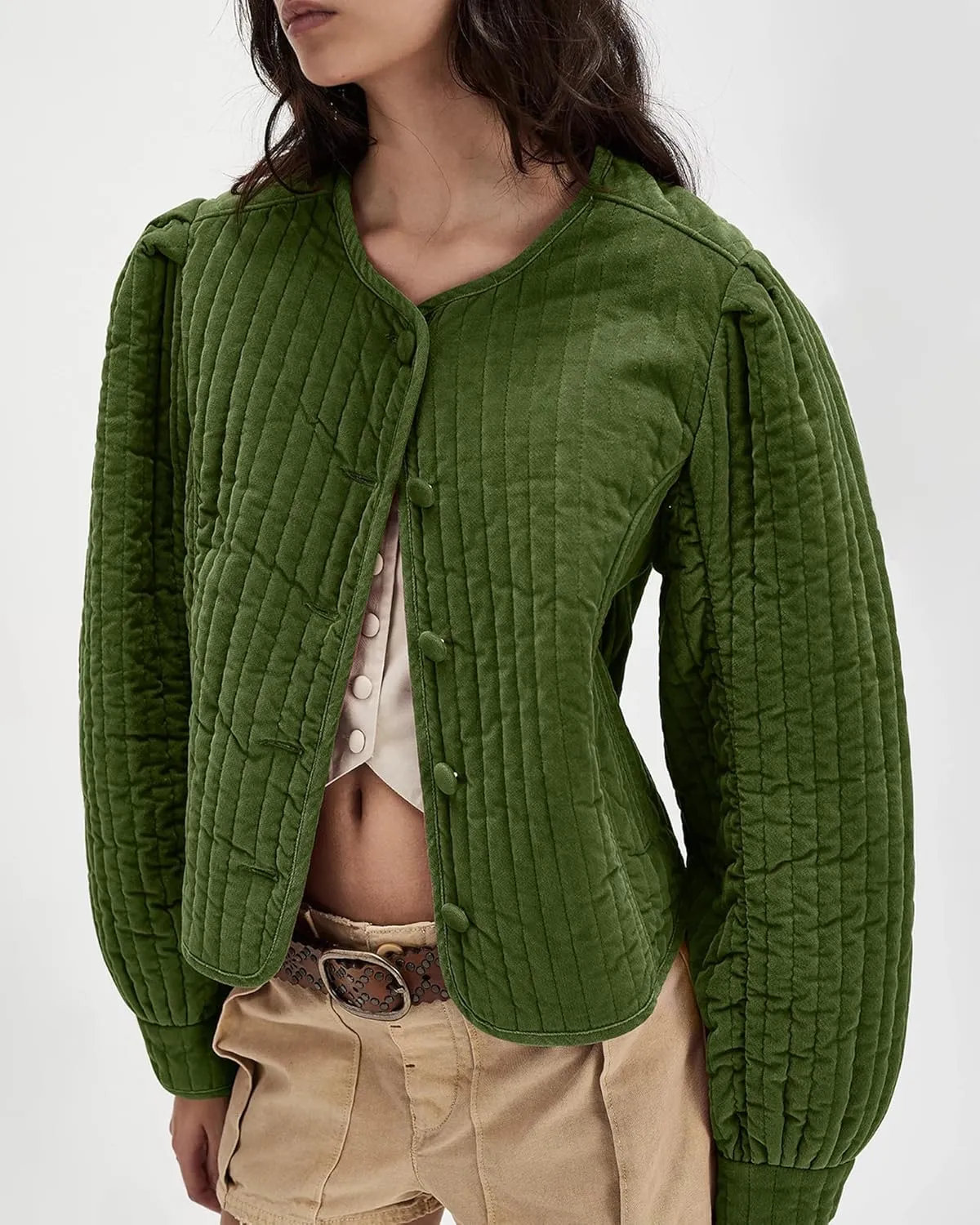 Locachy Women's Vintage Crew Neck Quilted Puffer Jacket Button Down Padded Cropped Fall Winter Outerwear Coat