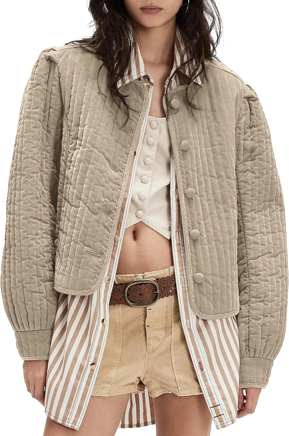 Locachy Women's Vintage Crew Neck Quilted Puffer Jacket Button Down Padded Cropped Fall Winter Outerwear Coat