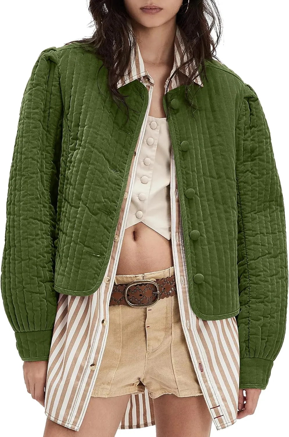 Locachy Women's Vintage Crew Neck Quilted Puffer Jacket Button Down Padded Cropped Fall Winter Outerwear Coat