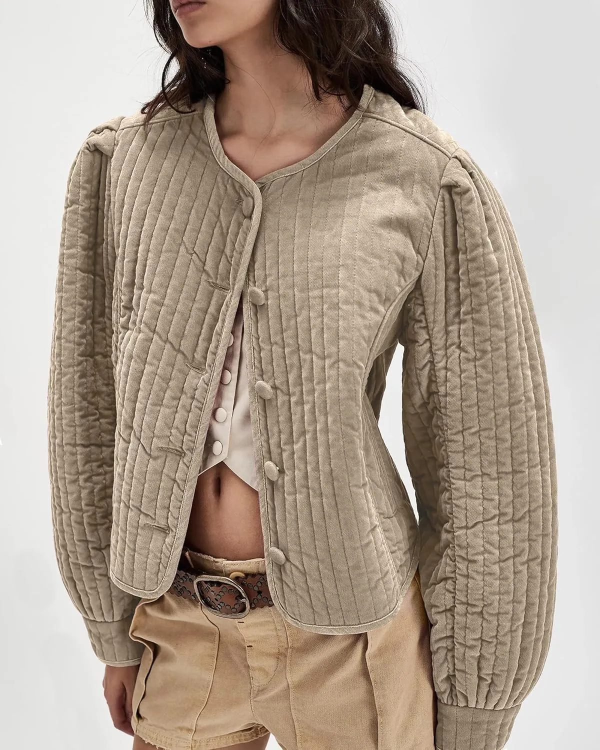 Locachy Women's Vintage Crew Neck Quilted Puffer Jacket Button Down Padded Cropped Fall Winter Outerwear Coat