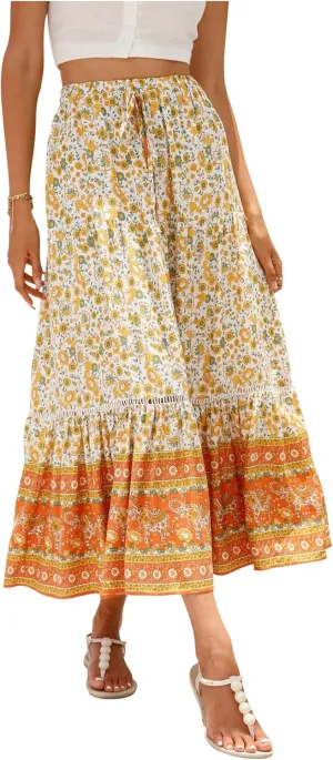Long Skirts for Women High Waist Pleated A-Line Floral Maxi Skirts Summer Swing Cover-up