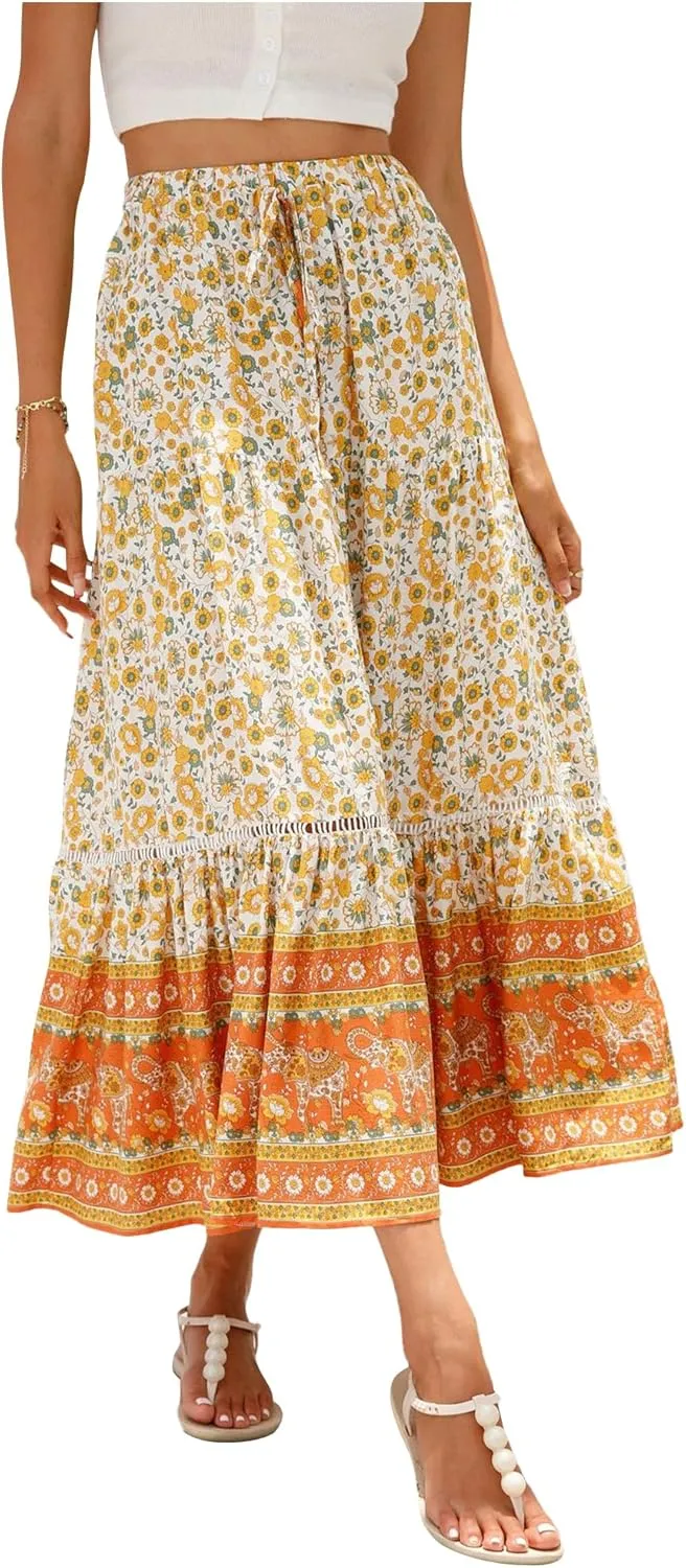 Long Skirts for Women High Waist Pleated A-Line Floral Maxi Skirts Summer Swing Cover-up