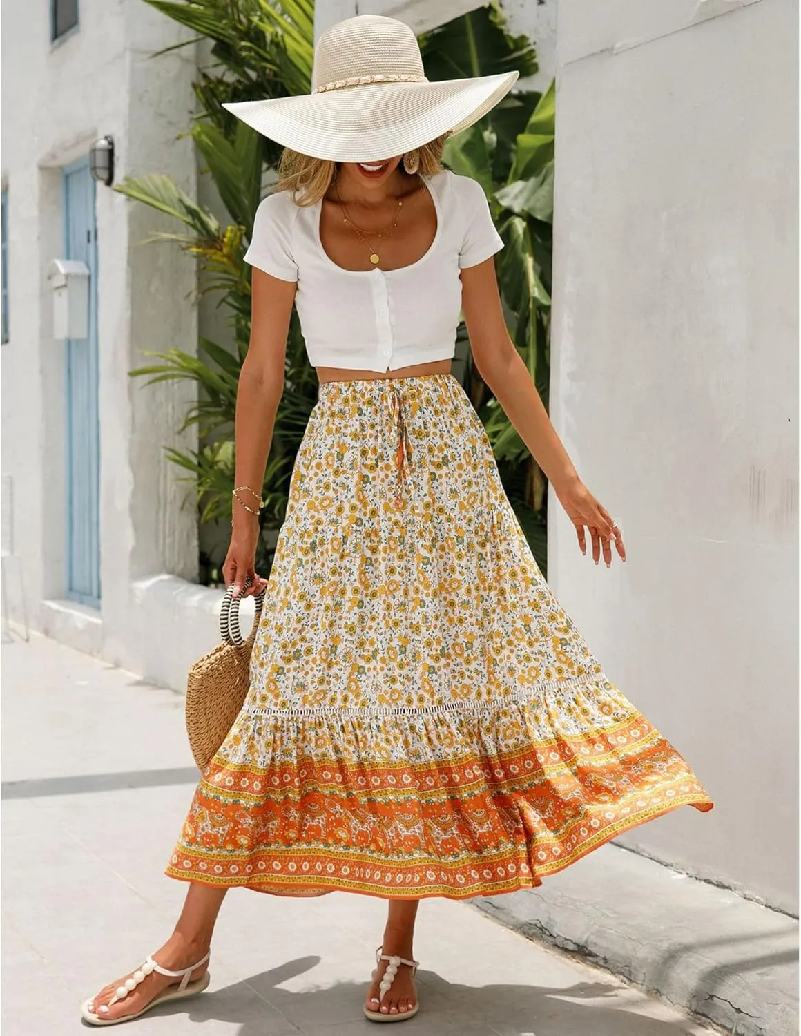 Long Skirts for Women High Waist Pleated A-Line Floral Maxi Skirts Summer Swing Cover-up