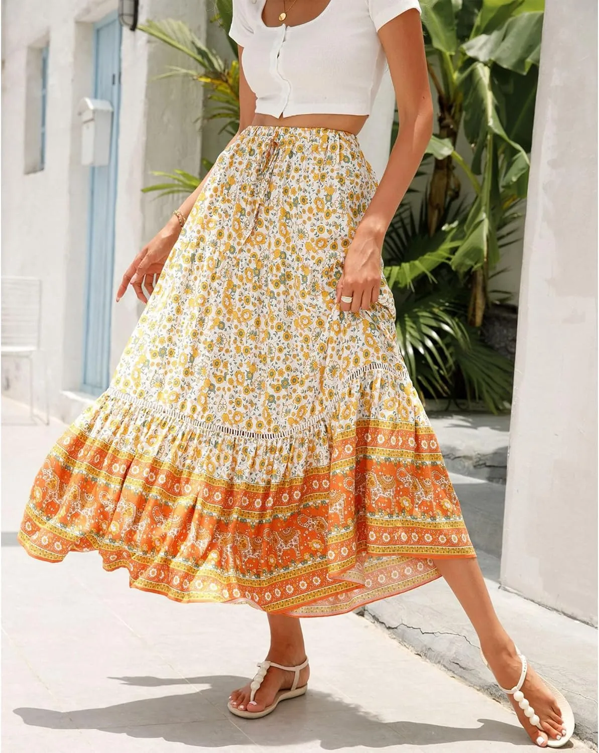 Long Skirts for Women High Waist Pleated A-Line Floral Maxi Skirts Summer Swing Cover-up