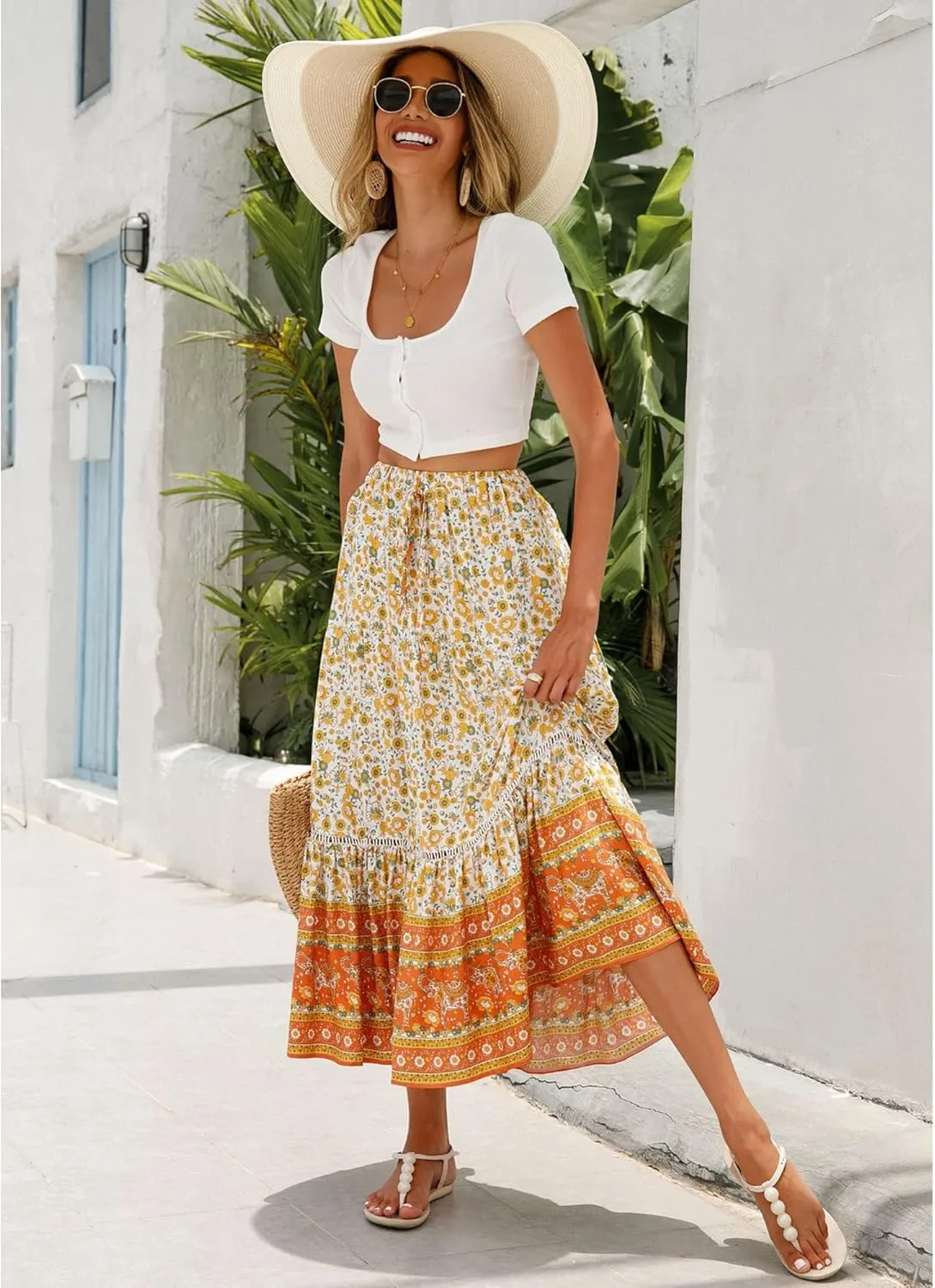 Long Skirts for Women High Waist Pleated A-Line Floral Maxi Skirts Summer Swing Cover-up