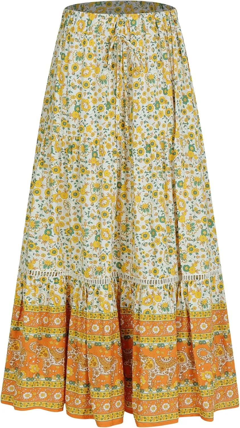 Long Skirts for Women High Waist Pleated A-Line Floral Maxi Skirts Summer Swing Cover-up