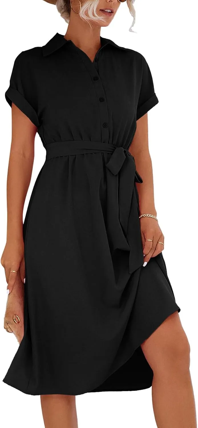 LYANER Women's Collar V Neck Button Front Tie Waist Short Sleeve Ruffle Hem Midi Dress