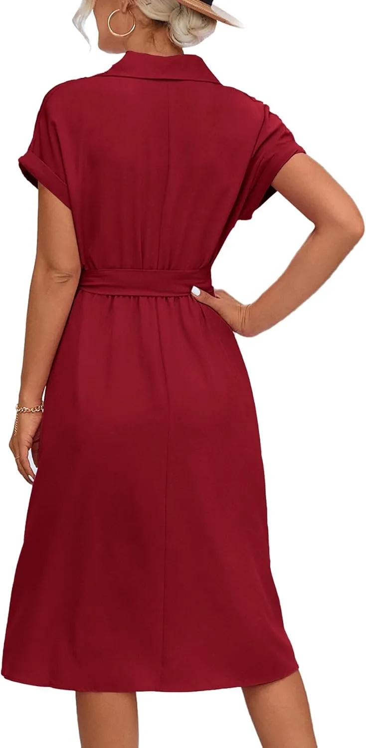 LYANER Women's Collar V Neck Button Front Tie Waist Short Sleeve Ruffle Hem Midi Dress