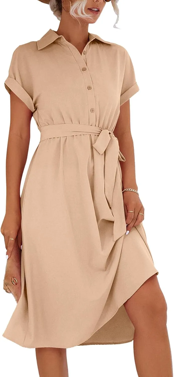LYANER Women's Collar V Neck Button Front Tie Waist Short Sleeve Ruffle Hem Midi Dress