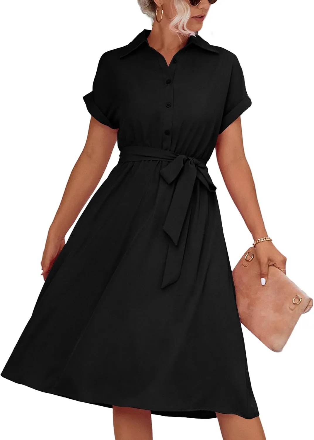 LYANER Women's Collar V Neck Button Front Tie Waist Short Sleeve Ruffle Hem Midi Dress