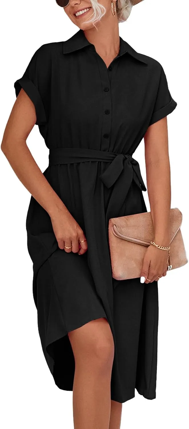 LYANER Women's Collar V Neck Button Front Tie Waist Short Sleeve Ruffle Hem Midi Dress