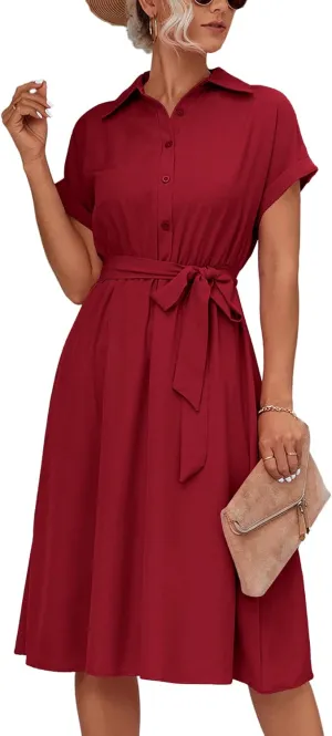LYANER Women's Collar V Neck Button Front Tie Waist Short Sleeve Ruffle Hem Midi Dress