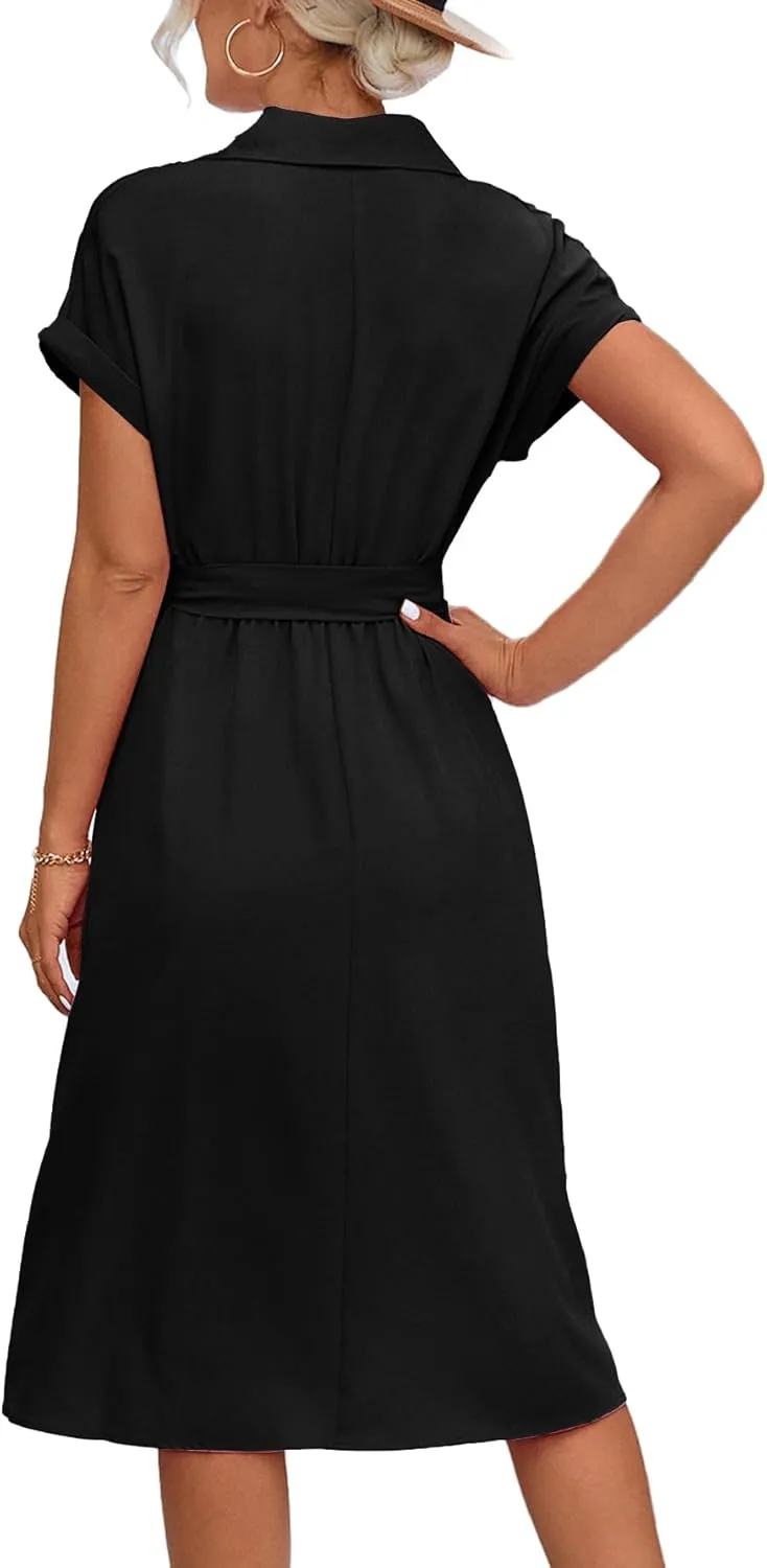 LYANER Women's Collar V Neck Button Front Tie Waist Short Sleeve Ruffle Hem Midi Dress
