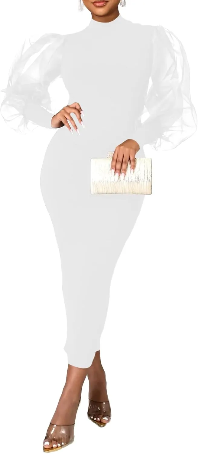 LYANER Women's Mock Neck Mesh Long Sleeve Zipper Bodycon Maxi Long Dress