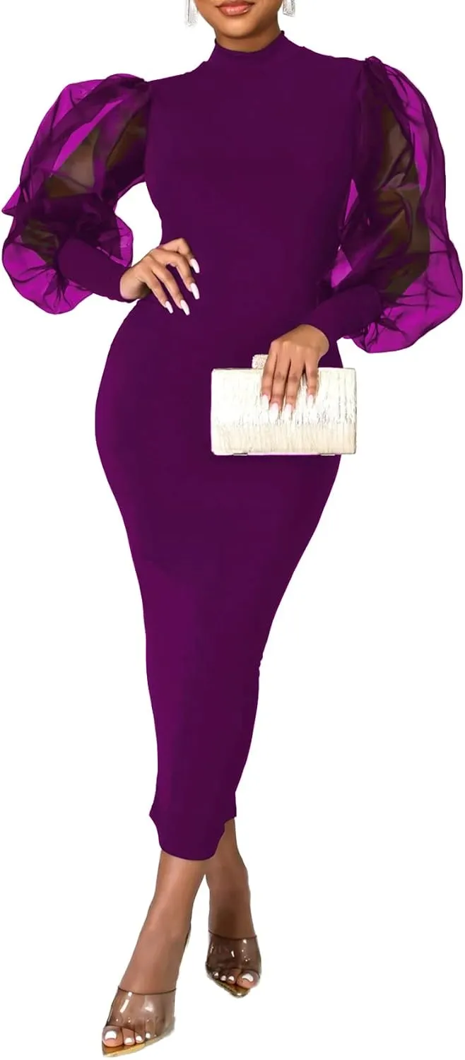 LYANER Women's Mock Neck Mesh Long Sleeve Zipper Bodycon Maxi Long Dress