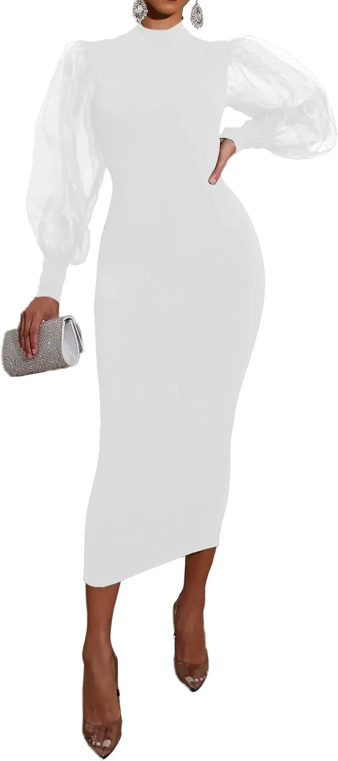 LYANER Women's Mock Neck Mesh Long Sleeve Zipper Bodycon Maxi Long Dress