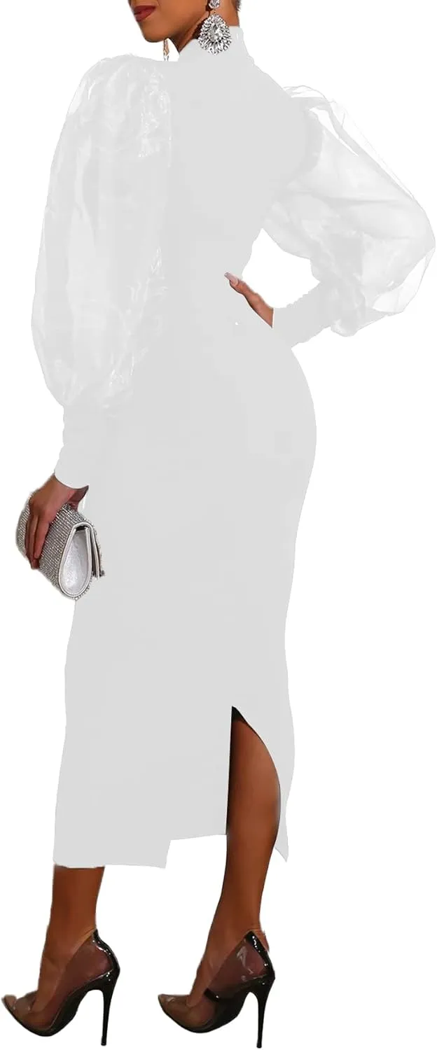 LYANER Women's Mock Neck Mesh Long Sleeve Zipper Bodycon Maxi Long Dress