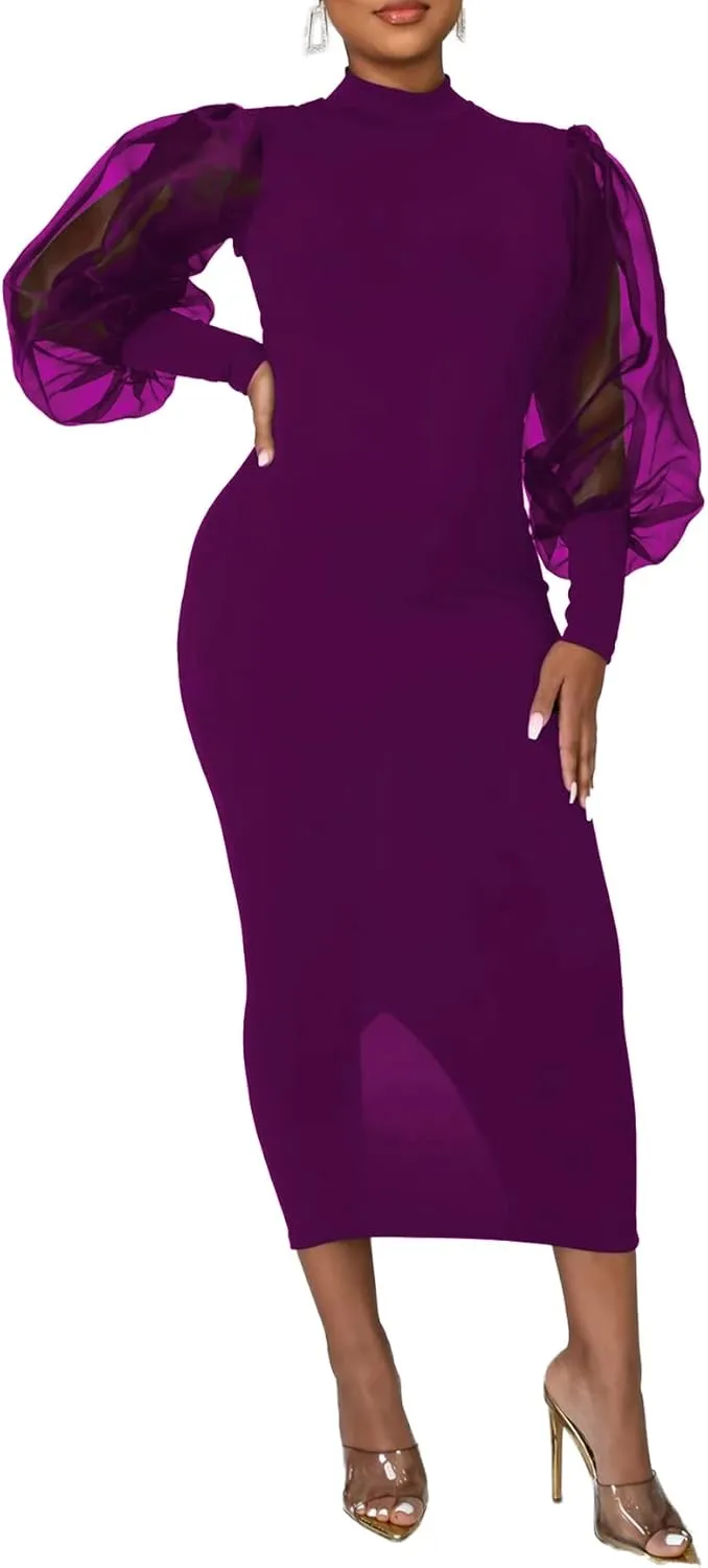 LYANER Women's Mock Neck Mesh Long Sleeve Zipper Bodycon Maxi Long Dress