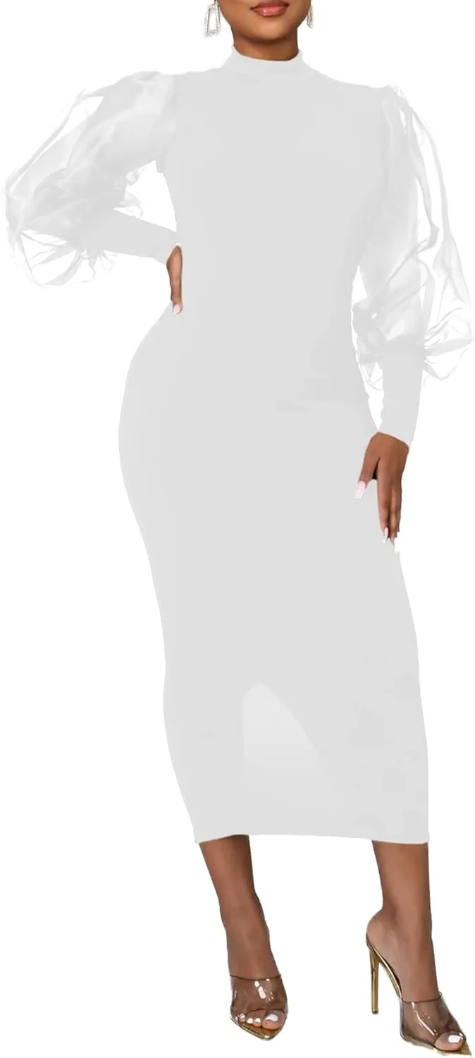 LYANER Women's Mock Neck Mesh Long Sleeve Zipper Bodycon Maxi Long Dress