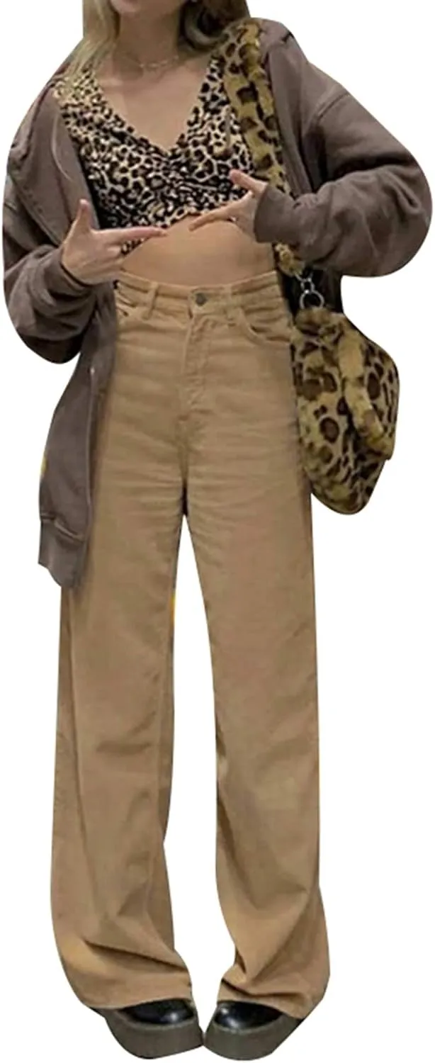 Madjtlqy Women's Casual Pants for Work Mid Waisted Solid Color Y2K Straight Leg Cargo Pants Baggy Trendy Wide Leg Trousers