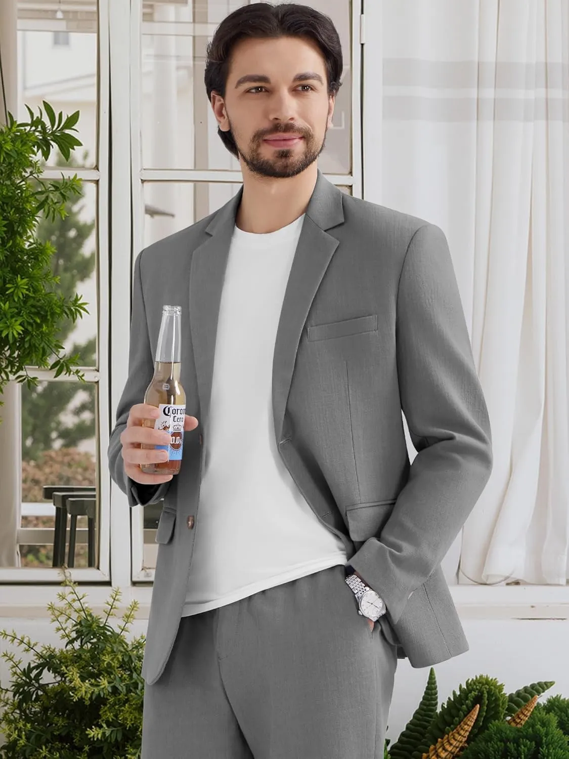 MAGE MALE Men's 2 Piece Linen Suits Set Casual Lightweight Blazer Jacket and Pants for Wedding Business Prom