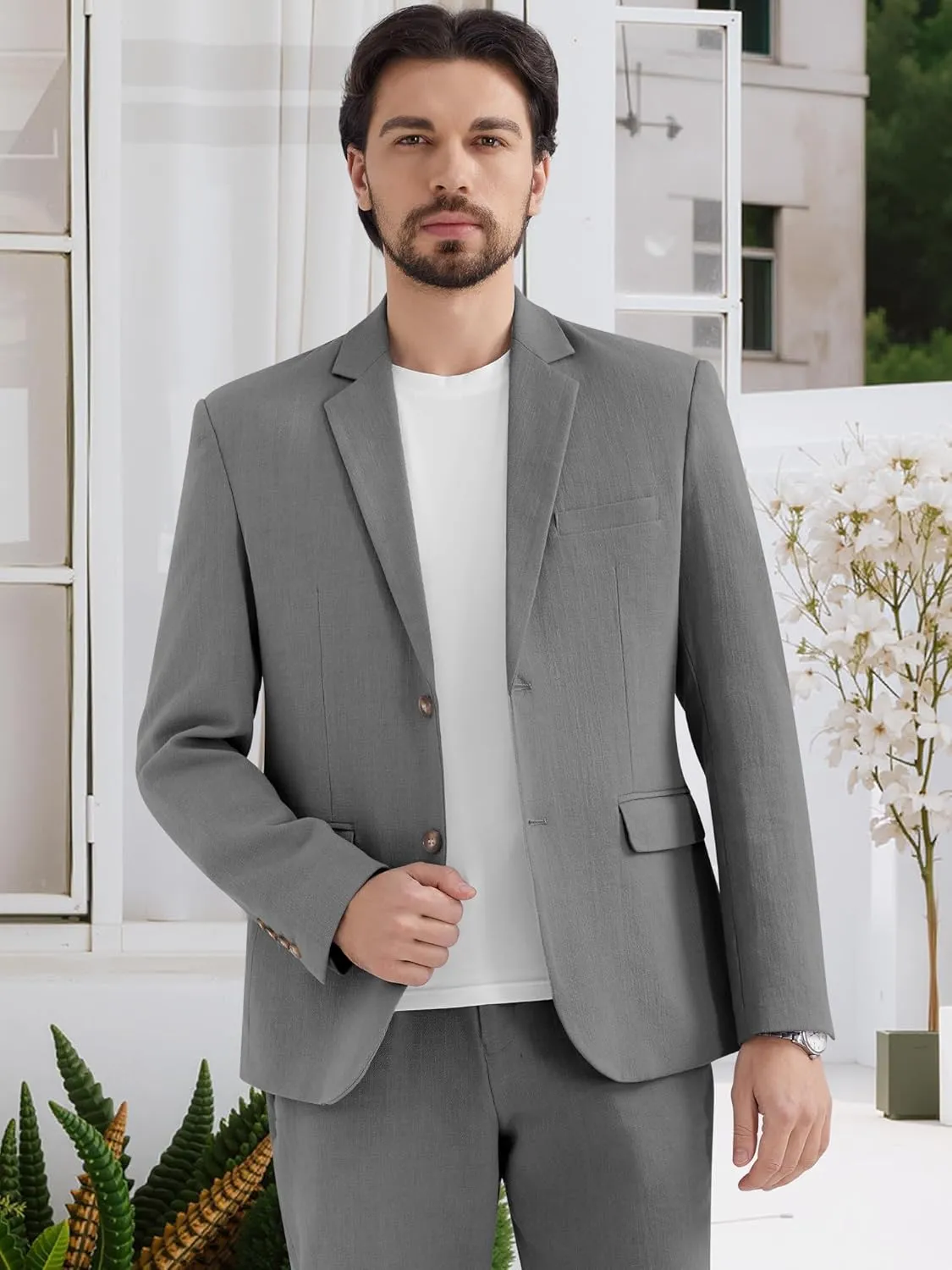 MAGE MALE Men's 2 Piece Linen Suits Set Casual Lightweight Blazer Jacket and Pants for Wedding Business Prom