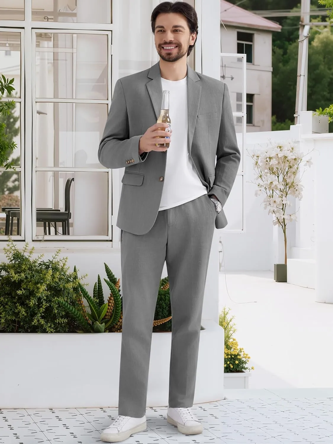 MAGE MALE Men's 2 Piece Linen Suits Set Casual Lightweight Blazer Jacket and Pants for Wedding Business Prom