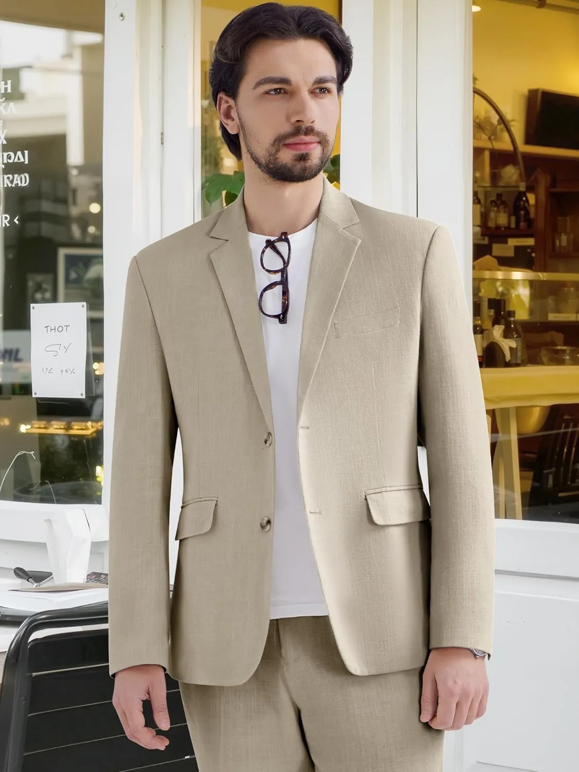 MAGE MALE Men's 2 Piece Linen Suits Set Casual Lightweight Blazer Jacket and Pants for Wedding Business Prom