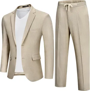 MAGE MALE Men's 2 Piece Linen Suits Set Casual Lightweight Blazer Jacket and Pants for Wedding Business Prom