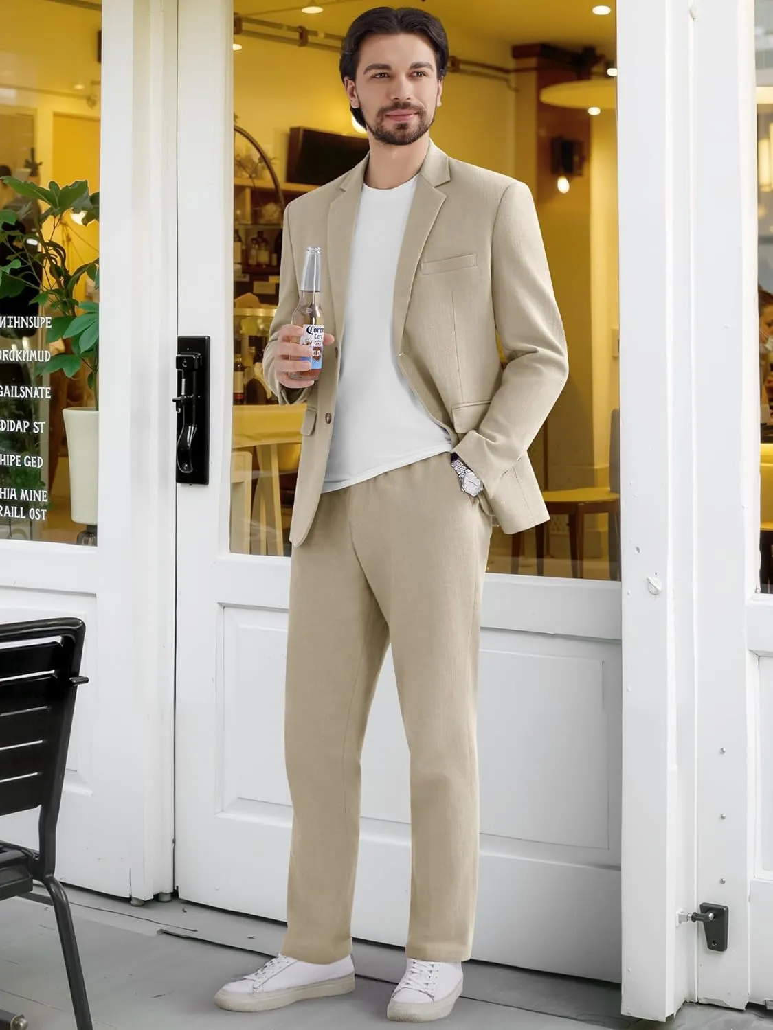 MAGE MALE Men's 2 Piece Linen Suits Set Casual Lightweight Blazer Jacket and Pants for Wedding Business Prom